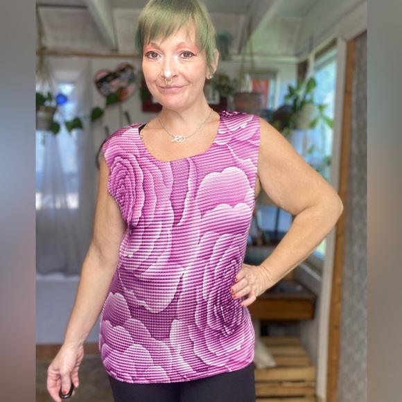 Vintage Y2K 90s Rose Floral Purple Accordion Style Blouse 1X Small Medium Large - Picture 3 of 16